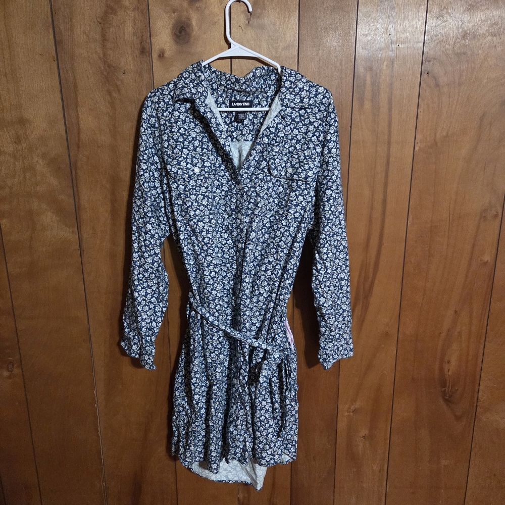 Lands End Plus Size Corduroy Floral Blue Fall Belted Dress Size XL 18